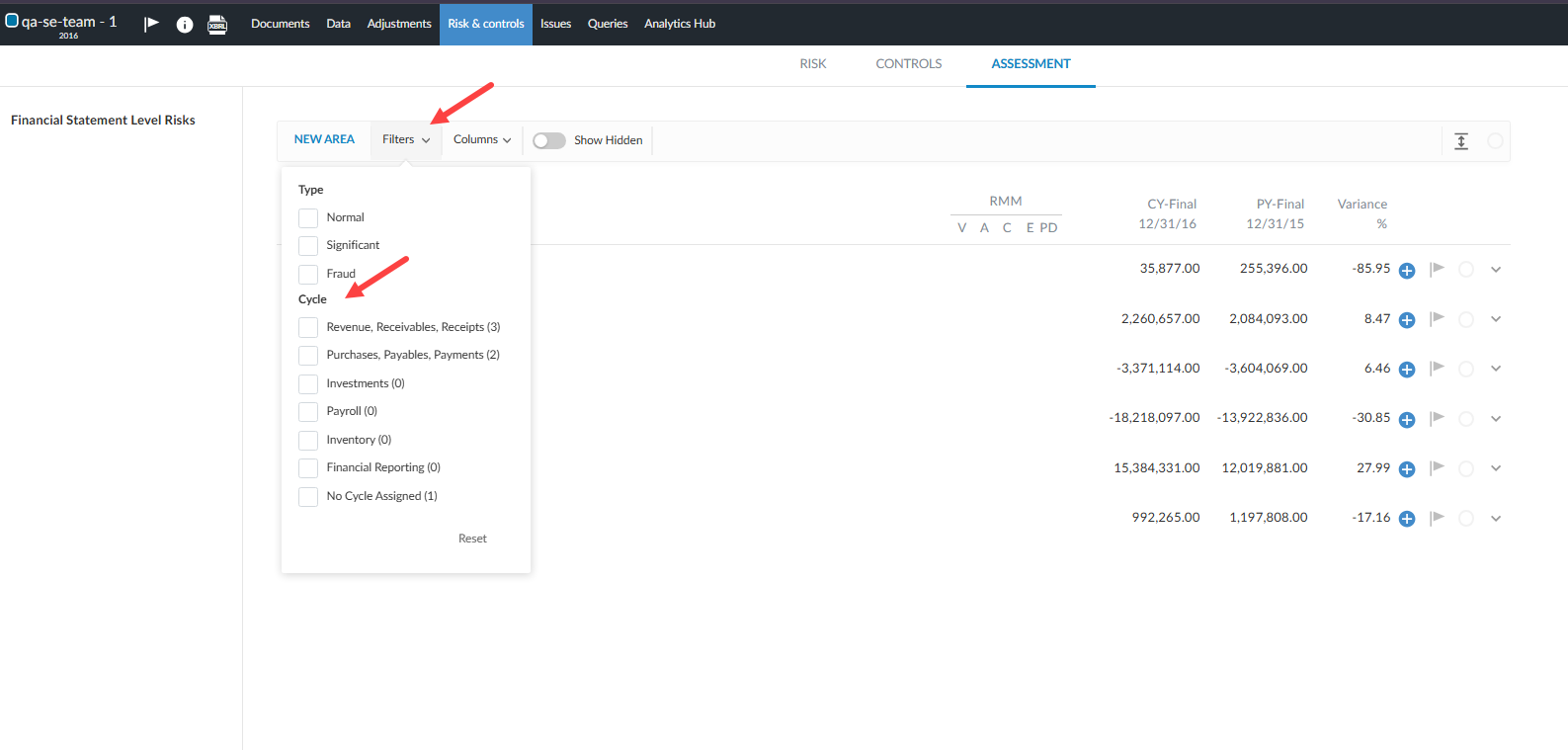 The Filters panel on the Assessment tab, with Cycle options showing a count of areas assigned to each business cycle.