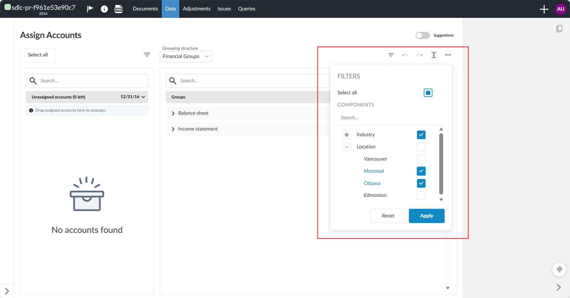 Assign Accounts page with the Filters panel open, showing Industry and Location components, with Montreal and Ottawa selected under Location.