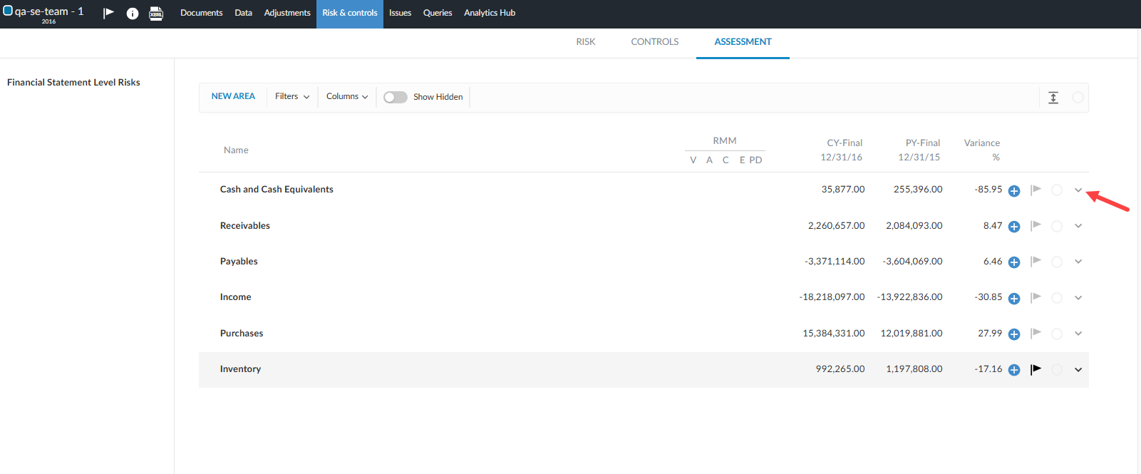 The Assessment tab displaying the expand/collapse ability on a financial statement balance.