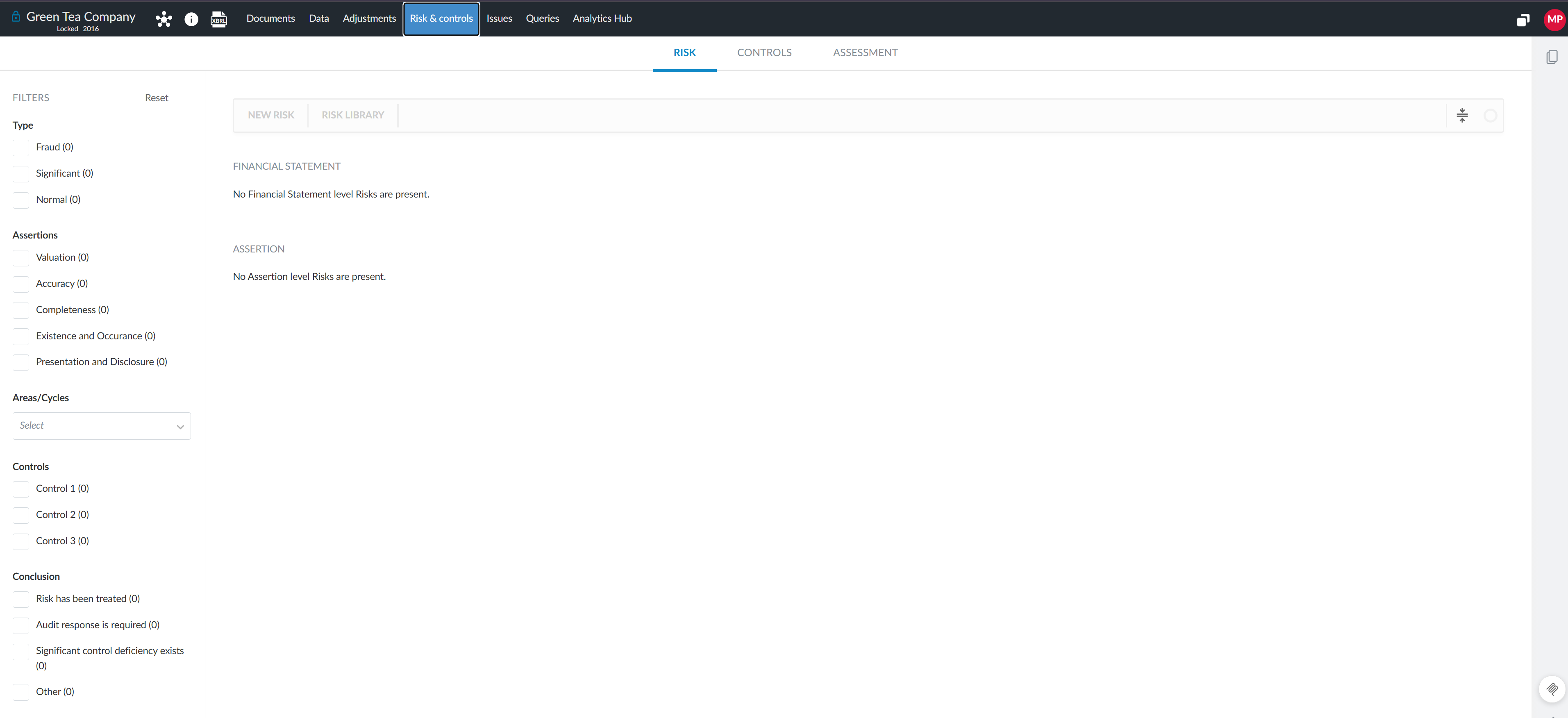 The Risk & controls page on Caseware