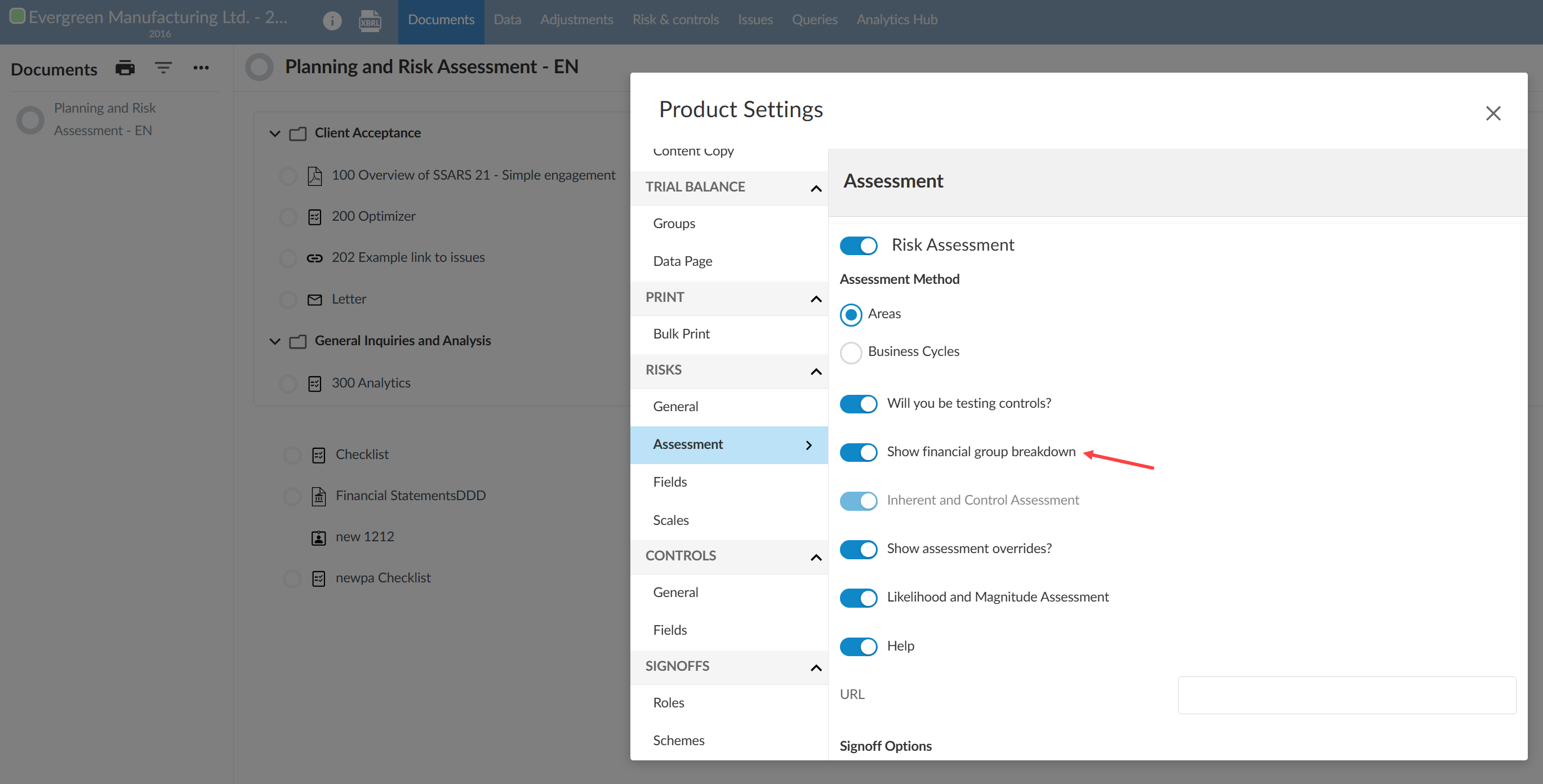 The Product Settings dialog displaying the Assessment options under the Risks section