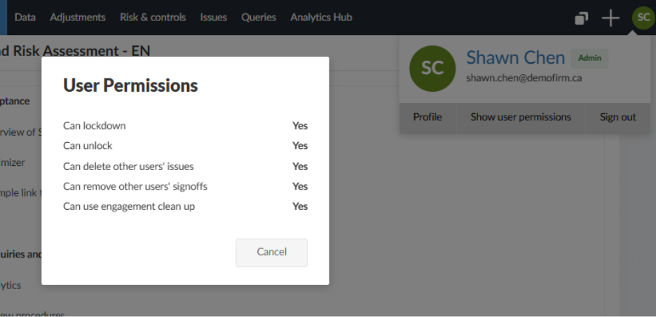 User Permissions dialog listing Can lockdown, Can unlock, Can delete other users' issues, Can remove other users' signoffs, and Can use engagement clean up, all set to Yes.