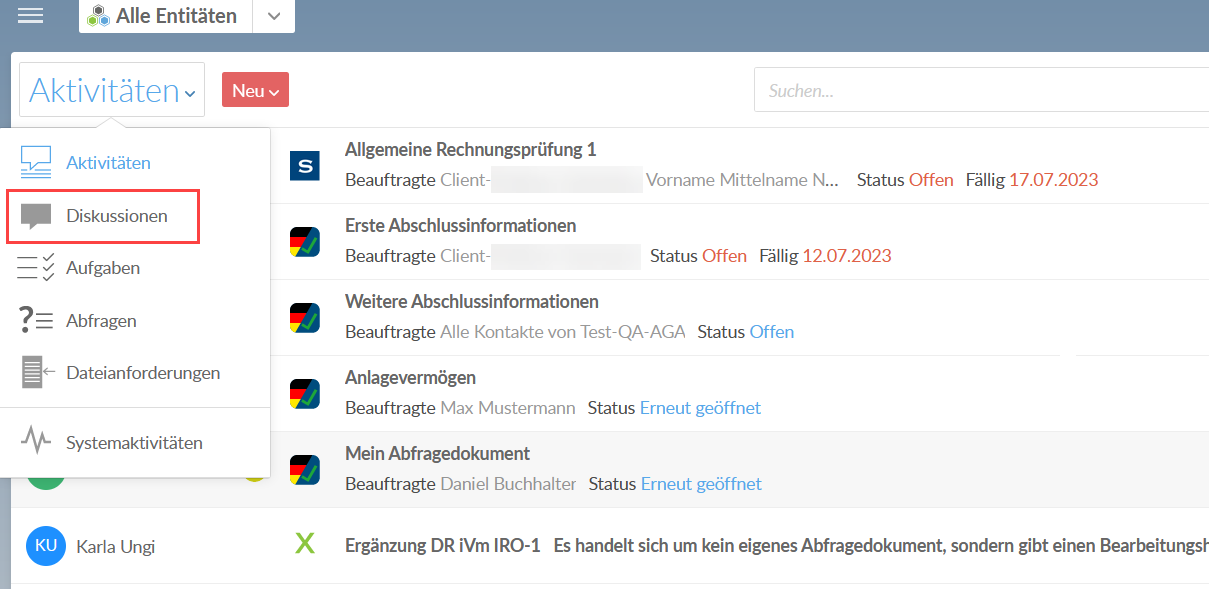 Choose Discussions from the Activities menu to view discussions.