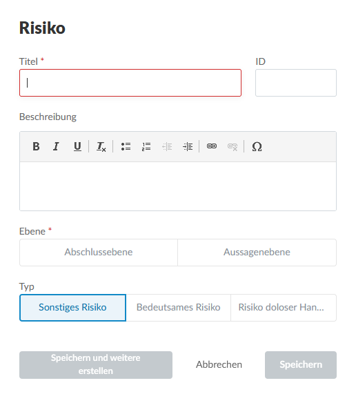 The user interface to add a new risk.