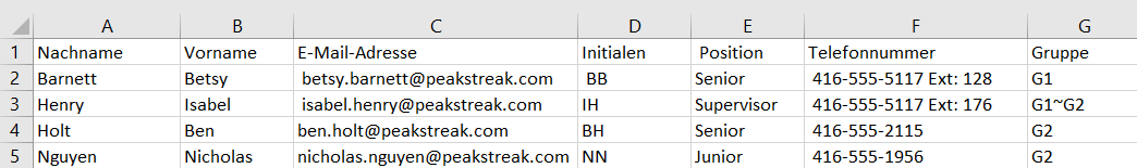 CSV table of user information