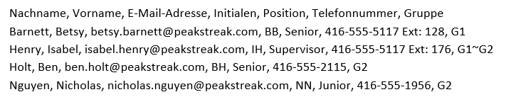 Plain text list of user information, separated by commas