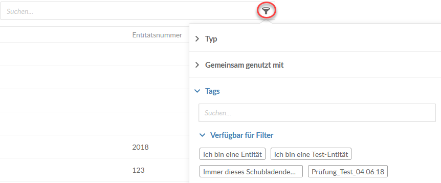 Tags displayed in the Filter drop-down menu.
