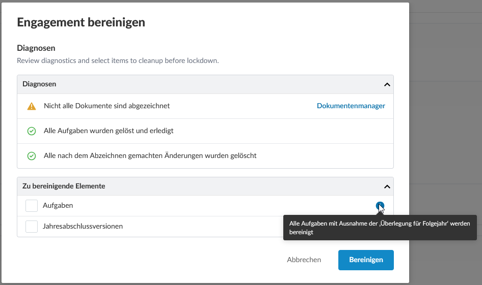 the dialog for the engagement cleanup settings and confirmation.