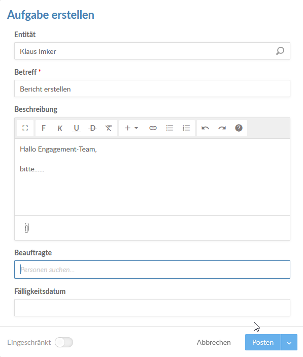 Enter all of the information about the new activity in this dialog.