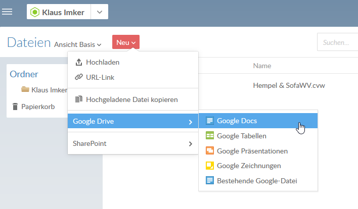 Select one of the file types from the menu to create a file of that type.