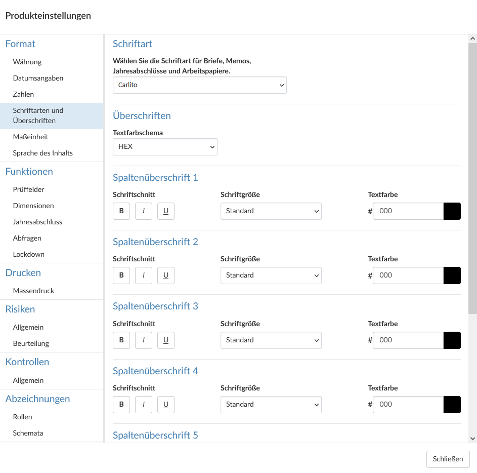 Fonts and Headings Product Settings dialog.