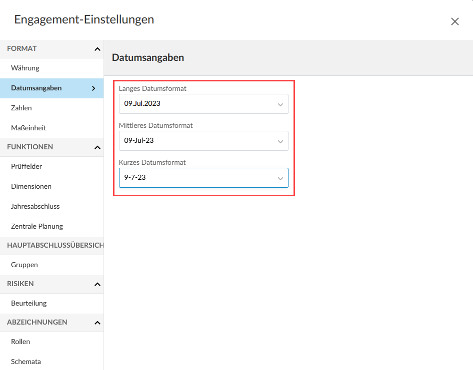 the Engagement settings dialog for seeing language options in dates.