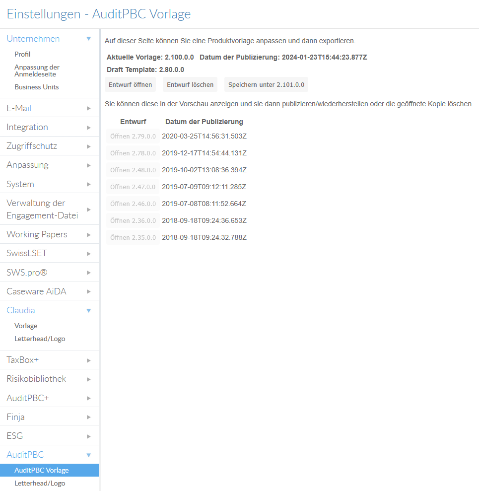 the user interface in template manage with options to delete a draft.