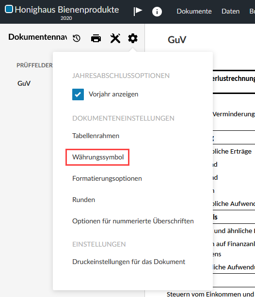 The Currency Symbol option in the financial statement document settings.