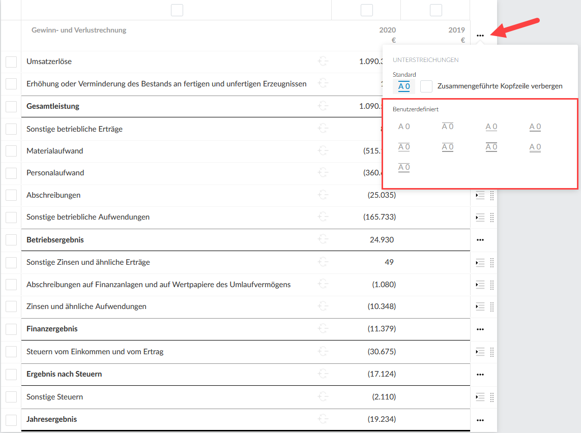 The user interface to select a custom header border for dynamic tables.