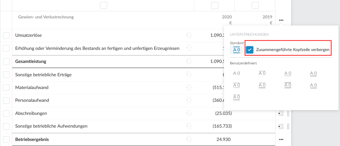 The user interface for selecting the checkbos to hide the merged header.