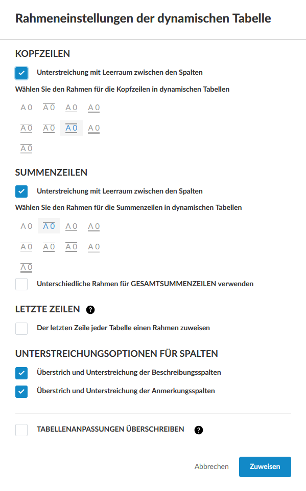 The Dynamic Table Border Settings dialog.