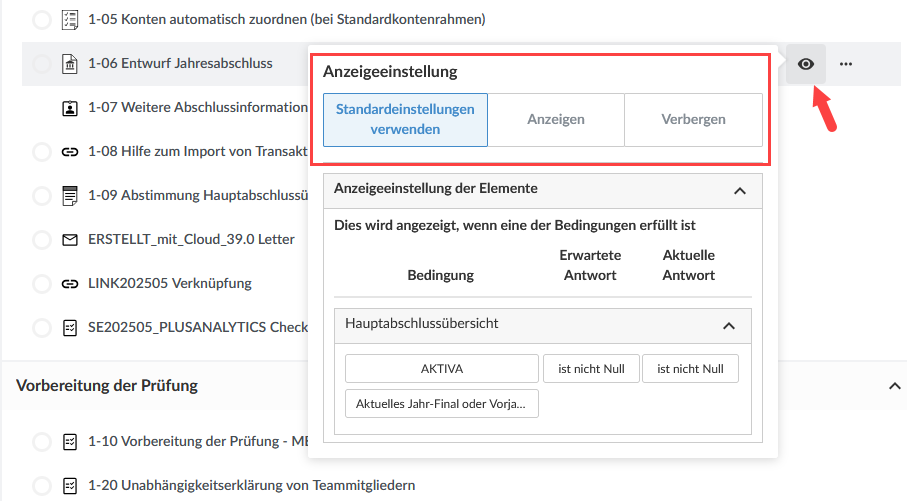 The Edit dynamic table settings selecting the Visibility setting options from the eye icon.