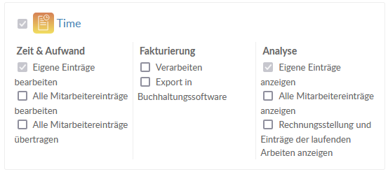 A list of available permissions associated with the Time app.