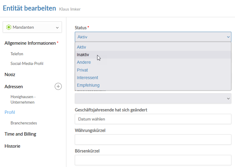 The Profile section of the Edit Entity dialog.