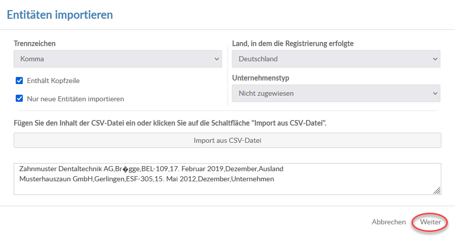 The options on the first page of the Import Entities dialog