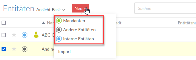 When creating a new entity, first select the entity type.