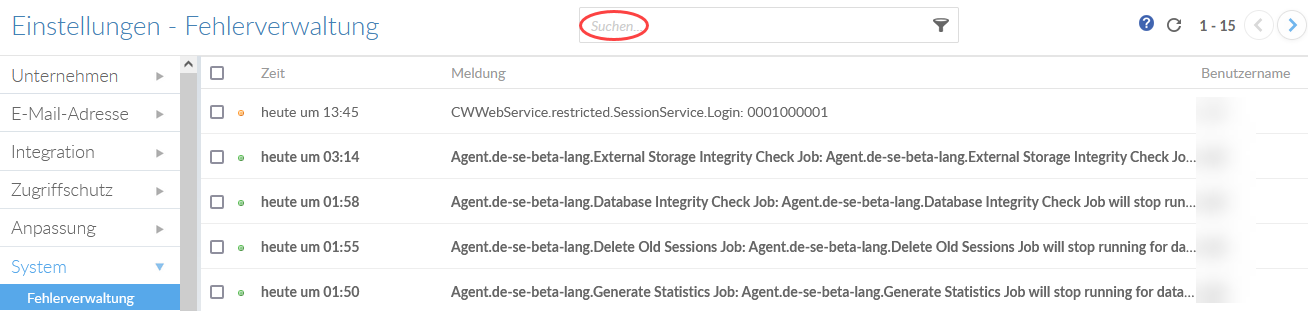 The search bar in the Error Management page