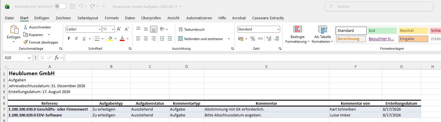 An Excel spreadsheet showing exported engagement issue listing reference, issue type, status, comments and creation dates.
