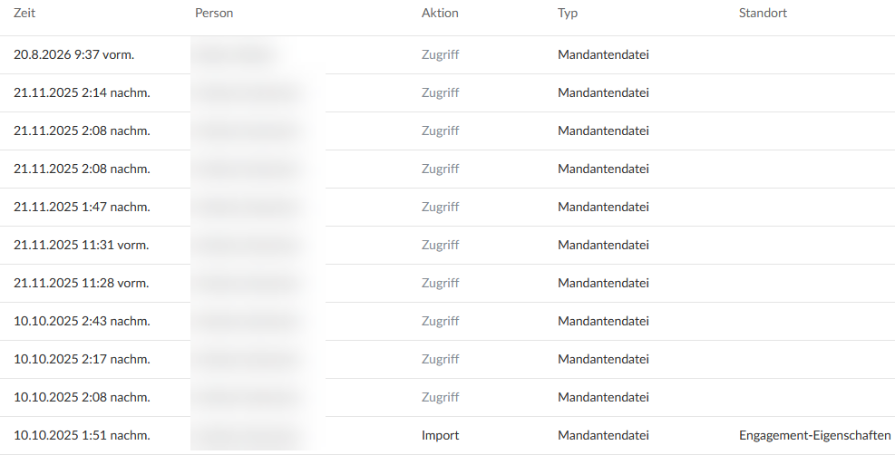 The History Viewer filtered by the search term "AmG," listing access events by time, person, action, and type.