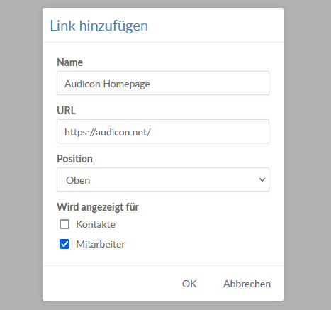 The Add Link Dialog in Frim Settings | Links Management