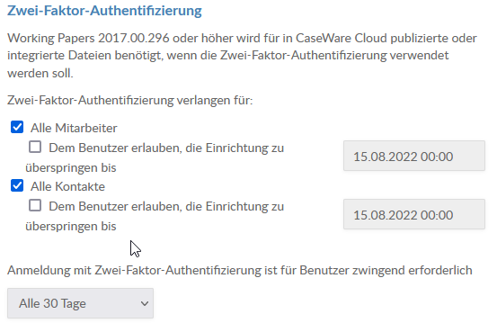 Two-factor authentication options availble on the Settings page.
