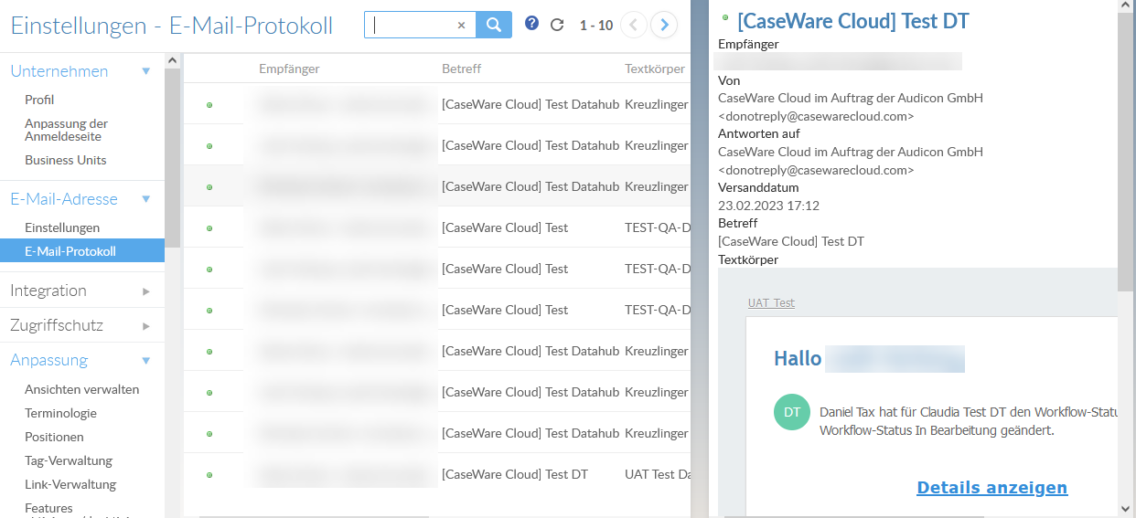 The Email Log section of the Settings page.