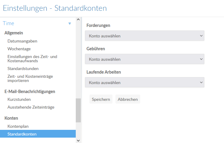 The Default Accounts section of the Settings page.