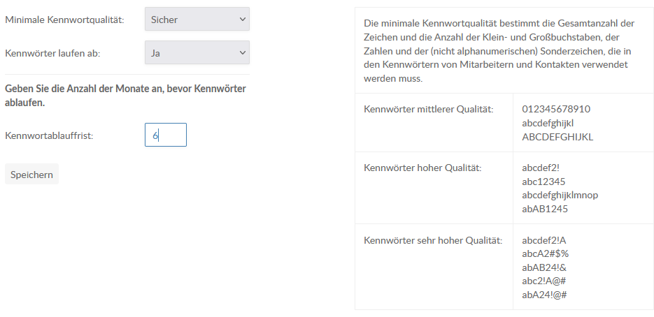 Password options displayed on the Settings page.