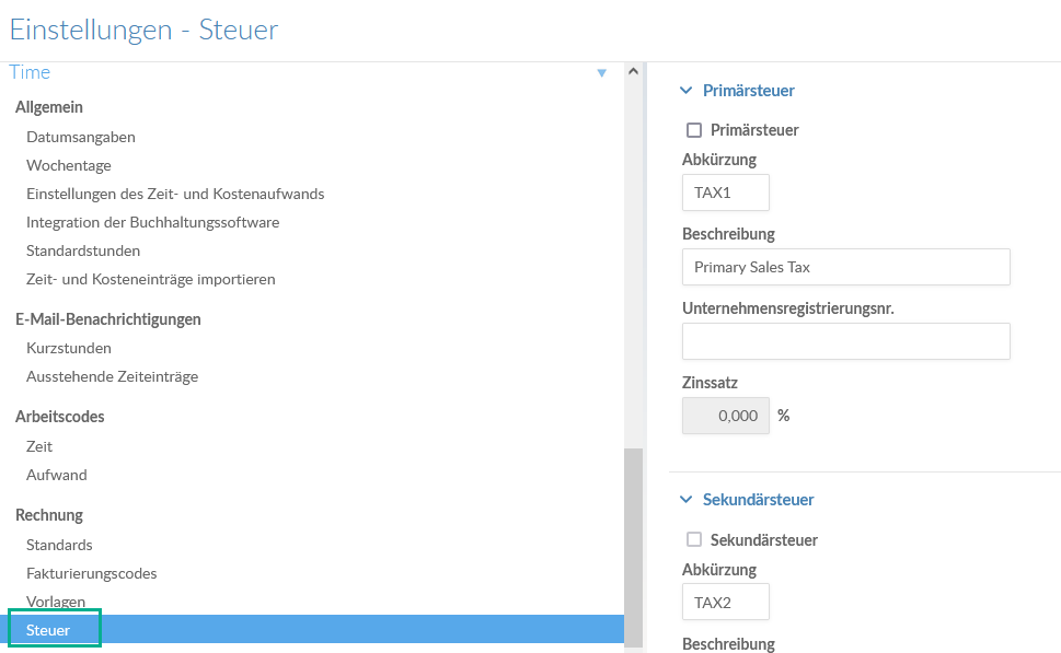 The Tax section of the Settings page.