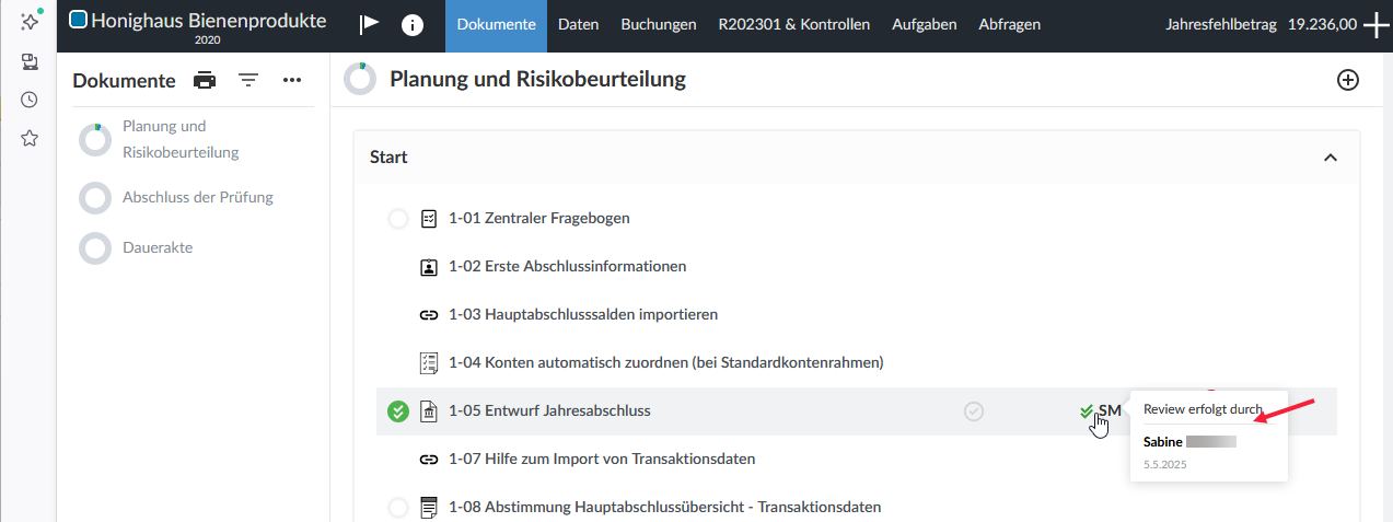 Log displays with signoff details once you hover.