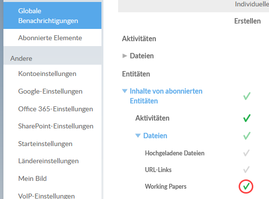 Content of Subscribes Entities section with the Working Papers option checkmarked 