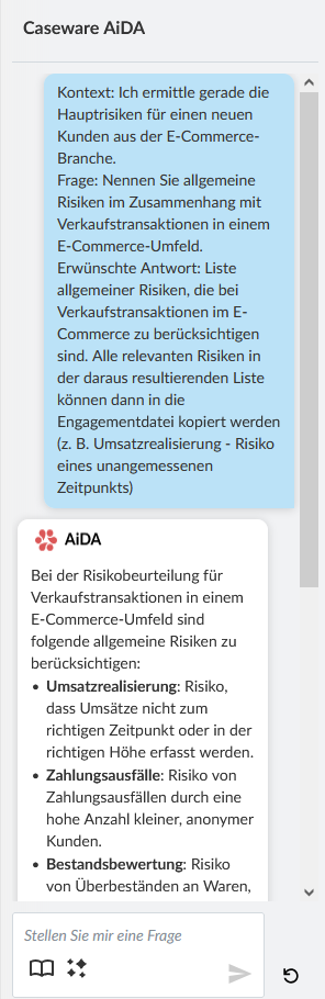 Chat window showing user-entered question and AiDA's response.