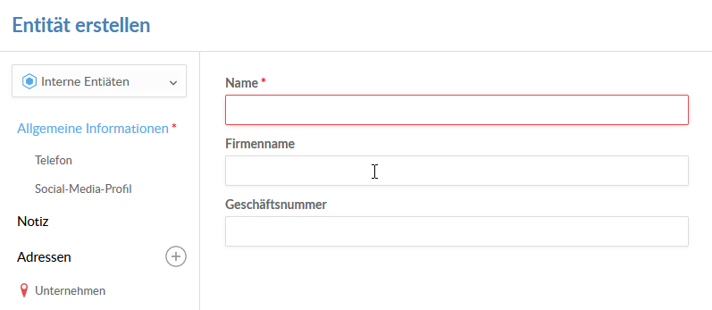 The new internal entity dialog