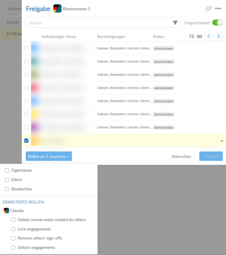 The Share dialog showing the Staff tab with a user selected and a drop-down menu listing role options including Owner, Editor, and Viewer, and advanced roles including Delete review notes created by others, Lock engagements, Remove others' sign-offs, and Unlock engagements