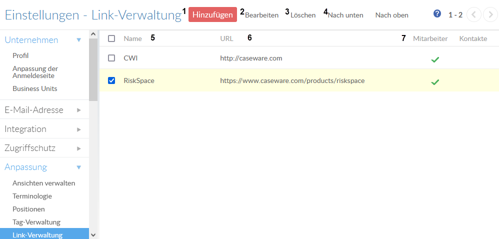 The Links Management interface.