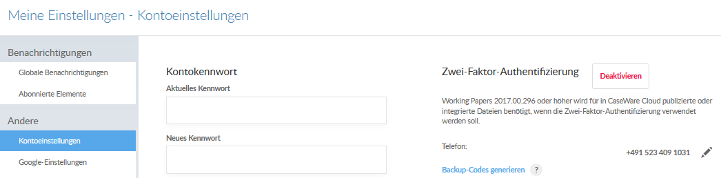 Option to generate backup codes after selecting Account Settings
