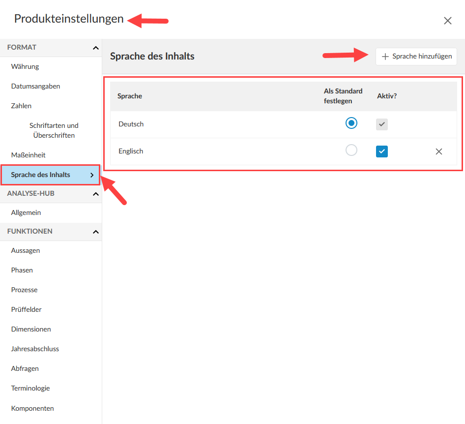 User interface for selecting languages from the Product Settings of a Caseware template.