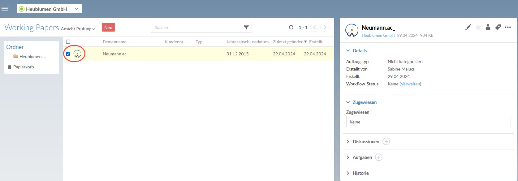 Select a Working Papers file. The details pane is displayed on the right.