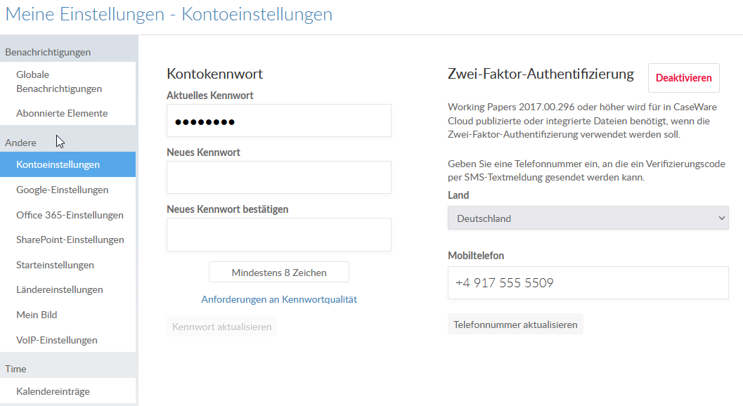 Two-factor authentication options in My Settings.