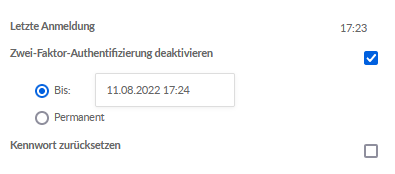 The options available when disabling two-factor authentication for a specific user.