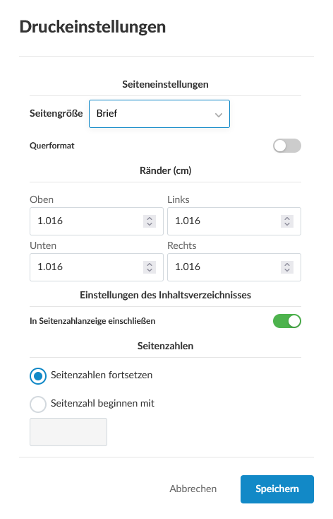 The print settings dialog for a note