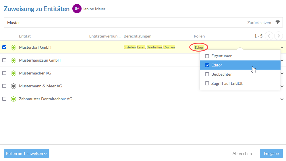 This user has been granted the Editor role for a specific entity.