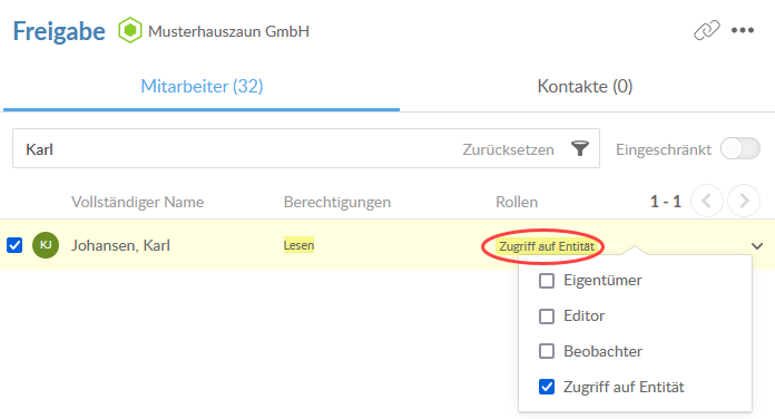This user has the Entity Access role for the selected entity.