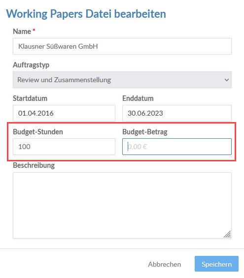 Enter the number of hours of work budgeted for this engagement and the budgeted cost.